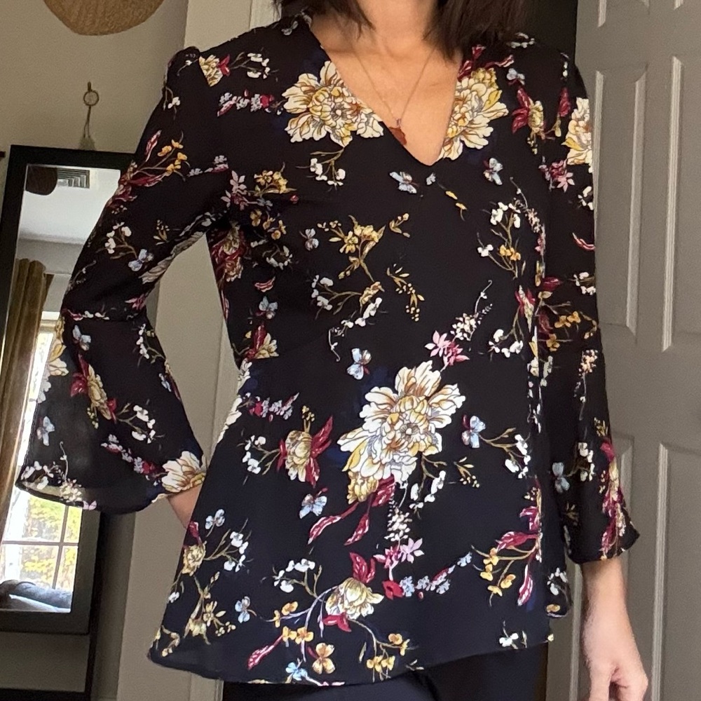Bebe Black Top with Floral Accents size small